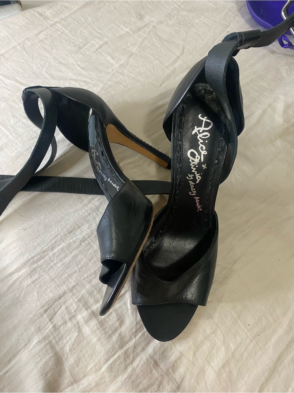 Alice + Olivia Black Leather Ankle Wrap D'Orsay Peep Toe Stiletto Heels 41